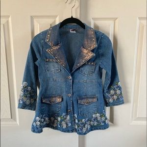 Girls Lipstik Jean Jacket With Ribbon Rosettes, Studs & Embroidery